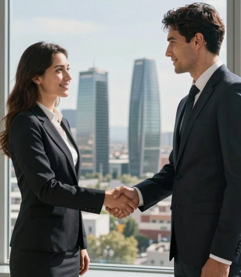 A businessman and a businesswoman in professional attire shaking hands in front of a window overlooking the Four Towers Business Area in Madrid, Spain.