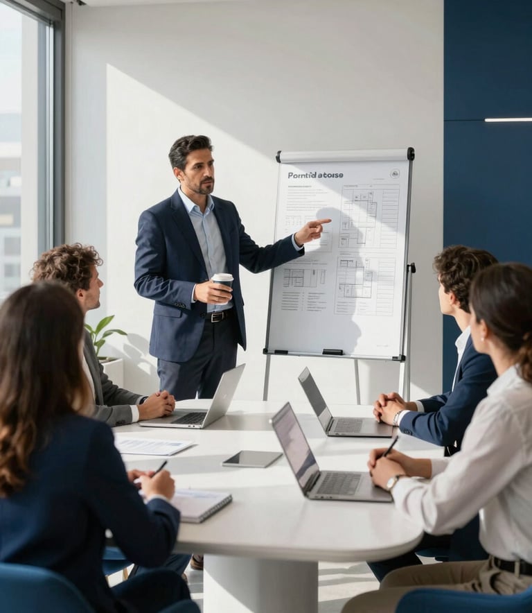 A professional and sophisticated meeting scene in a sunlit, modern Madrid office. A Hispanic consultant is presenting a property portfolio to a family. The atmosphere is trustworthy and clean, featuring minimalist furniture with white and deep blue accents.