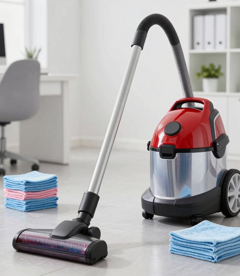High-quality professional cleaning equipment including a modern vacuum cleaner and organized microfiber cloths in a bright office environment, Central European / German interior design, clean and organized.
