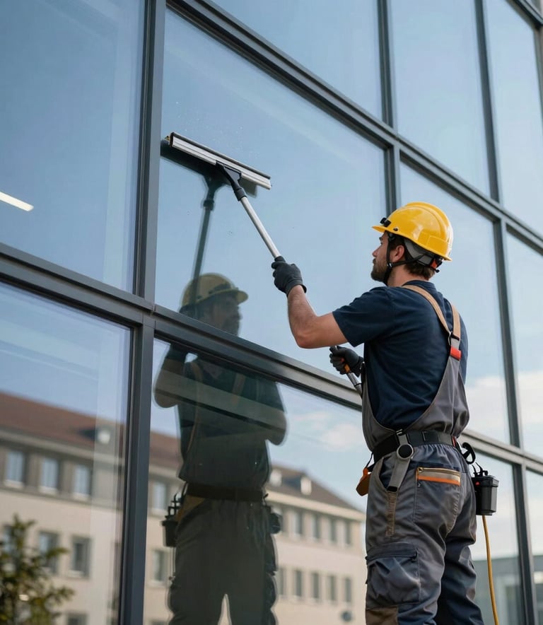 A professional window cleaner using a squeegee on a large glass window of a modern corporate building, clear blue sky reflection, Central European / German architecture, professional and safe work environment.