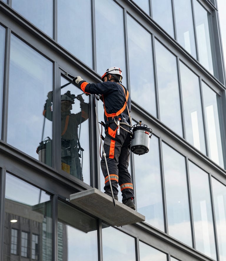 A professional window cleaner using specialized equipment on a modern glass facade in a German city, bright daylight, professional attire.