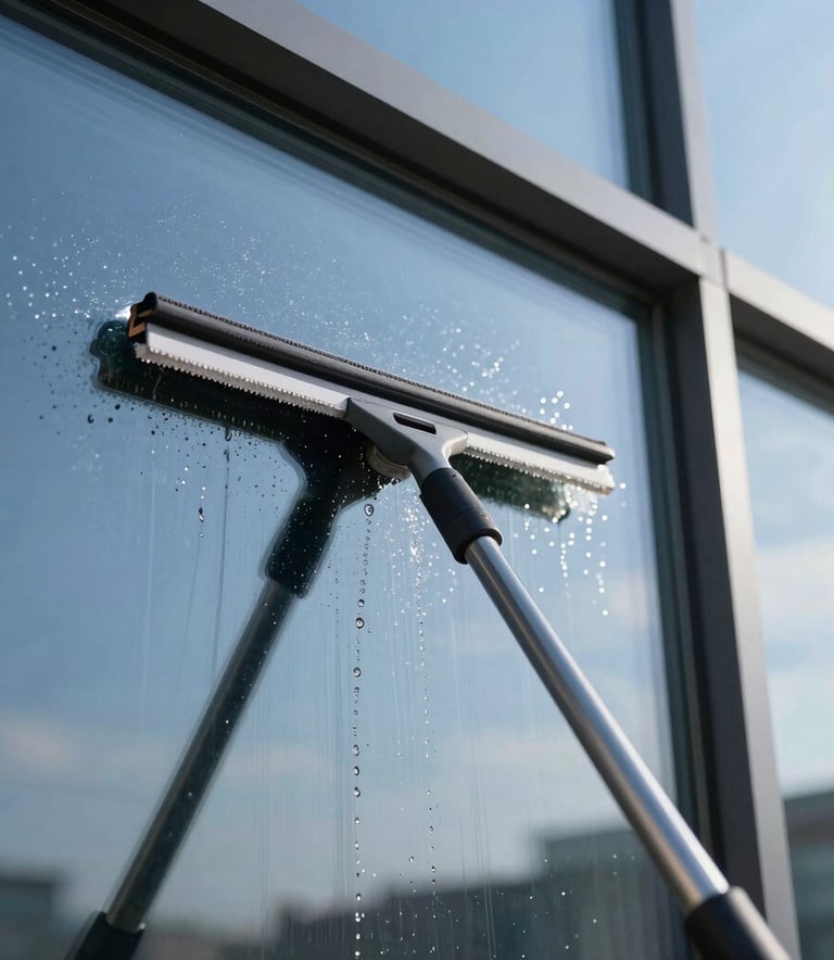 A close-up of a professional squeegee clearing water from a large glass window of a modern Central European building, reflecting a clear blue sky, demonstrating high-quality glass cleaning.