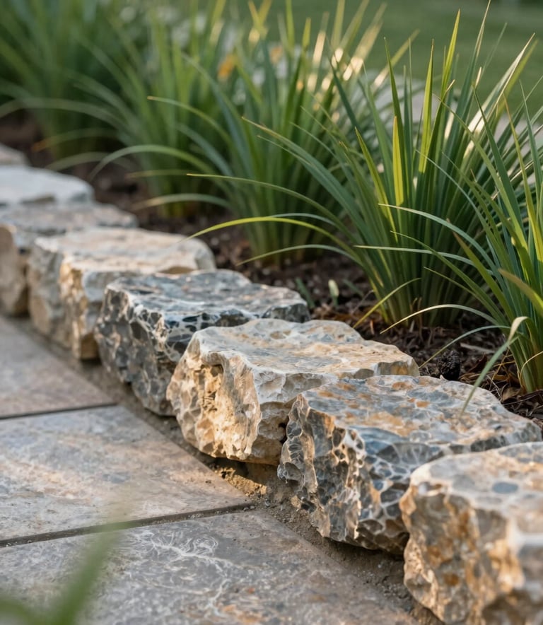 A close-up shot showcasing professional landscaping craftsmanship: a perfectly installed natural stone border next to architectural grasses. The lighting is soft afternoon sun, emphasizing textures. Colors reflect a palette of #5A7C6B green and #C1A78B stone, conveying elegance and precision.