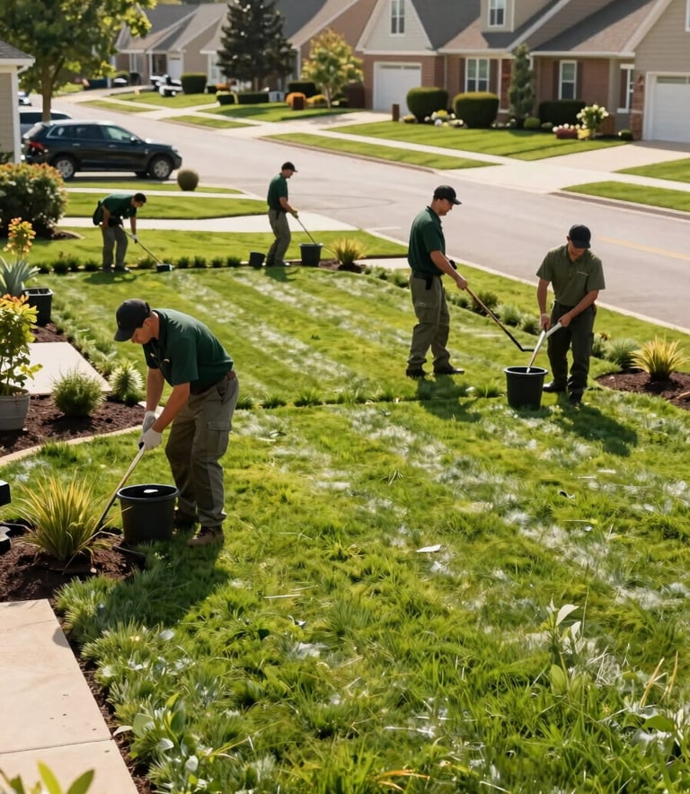 A wide shot of a professional landscaping crew working on a lush residential lawn in a North American suburban neighborhood. They wear dark green and olive green uniforms, focused on yard maintenance. Bright morning sunlight highlights the clean landscaping.