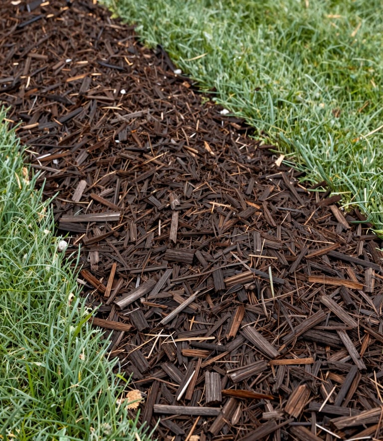 Detailed photography of a freshly edged garden bed with rich, dark brown mulch. The contrast between the sage green lawn and the dark mulch is sharp and professional. North American residential setting with clean lines.