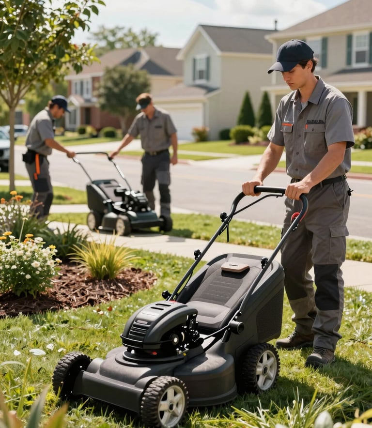 A team of professional landscapers in clean work uniforms performing yard maintenance in a North American / US residential neighborhood, bright sunny day, high-end lawn equipment.