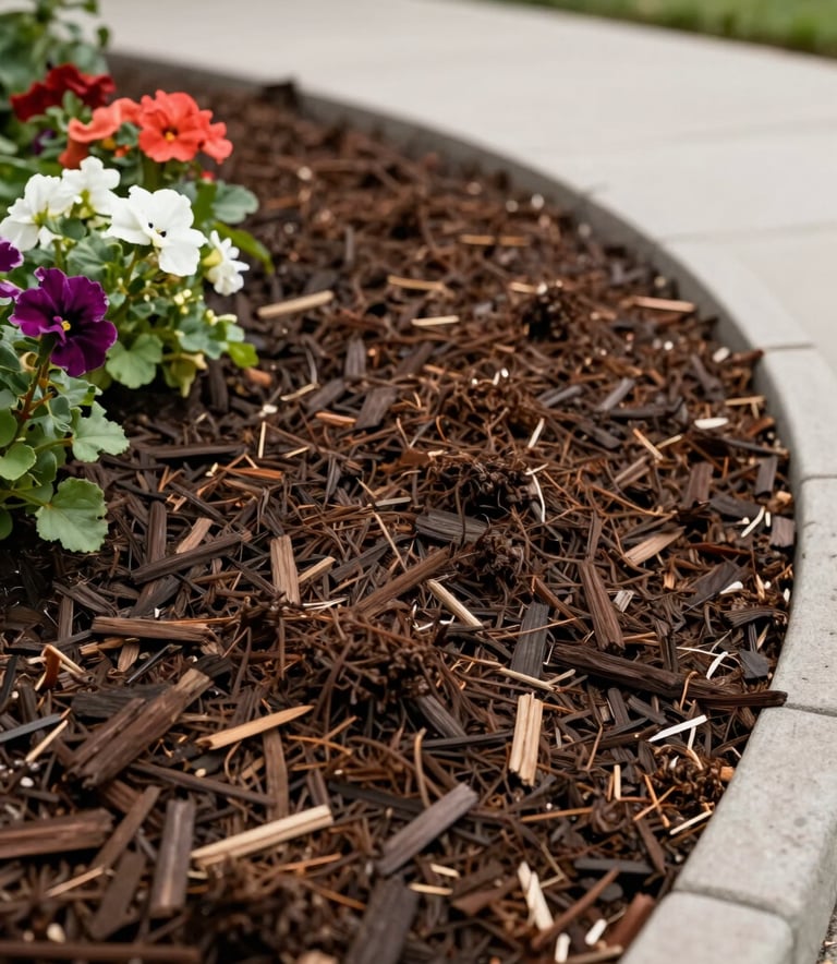 Close-up of fresh dark brown mulch recently spread around a decorative garden bed with vibrant flowers, clean edging, North American / US residential setting.