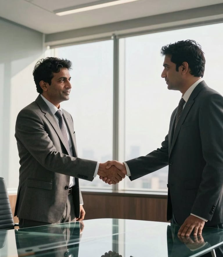 A medium shot of two professional South Asian business partners in a modern, sunlit Mumbai office, shaking hands across a glass conference table. They are dressed in formal business attire, reflecting a tone of trust and corporate collaboration.