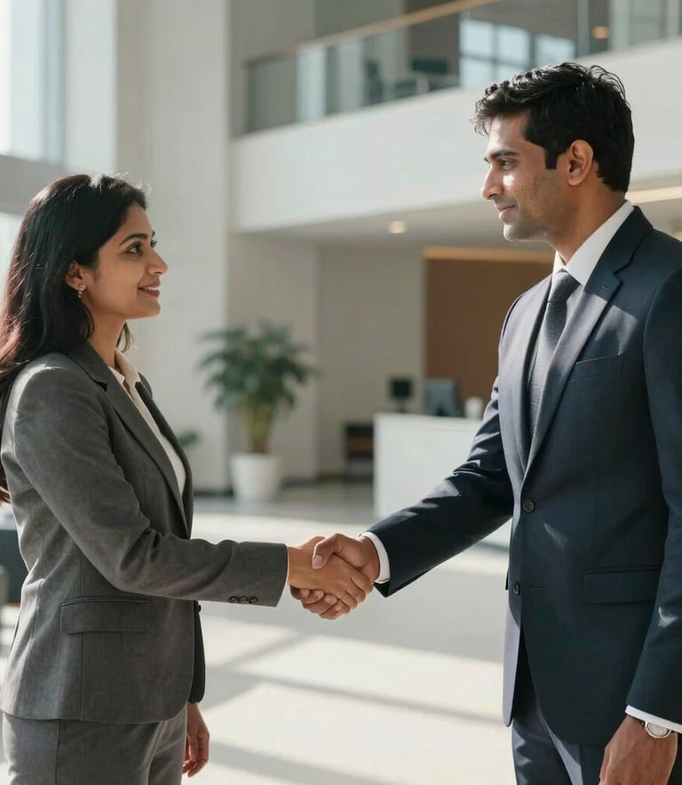 A South Asian businessman and woman in professional corporate attire shaking hands in a modern, sunlit Indian office lobby. The background shows blurred architectural details in Pale Gray.