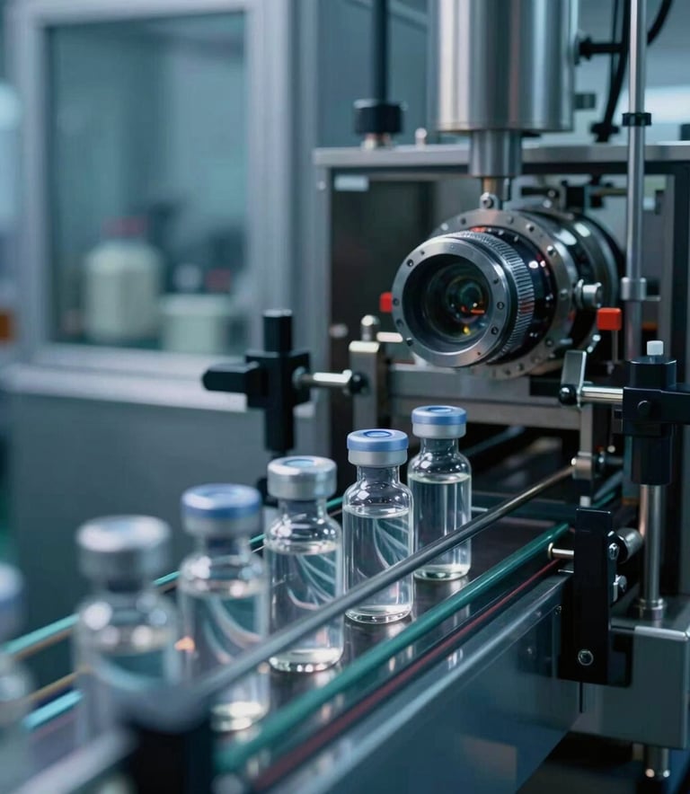 A close-up of a state-of-the-art pharmaceutical packaging line in a South Asian facility, with sterile glass vials moving along a conveyor belt. Lighting is sharp with Dark Blue and Steel Blue accents.