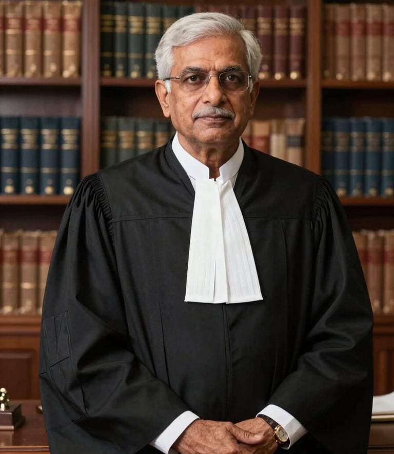 A dignified senior advocate in a black robe and white neckband, standing confidently in front of a majestic legal library with leather-bound books in an Indian High Court office environment. Professional studio lighting.