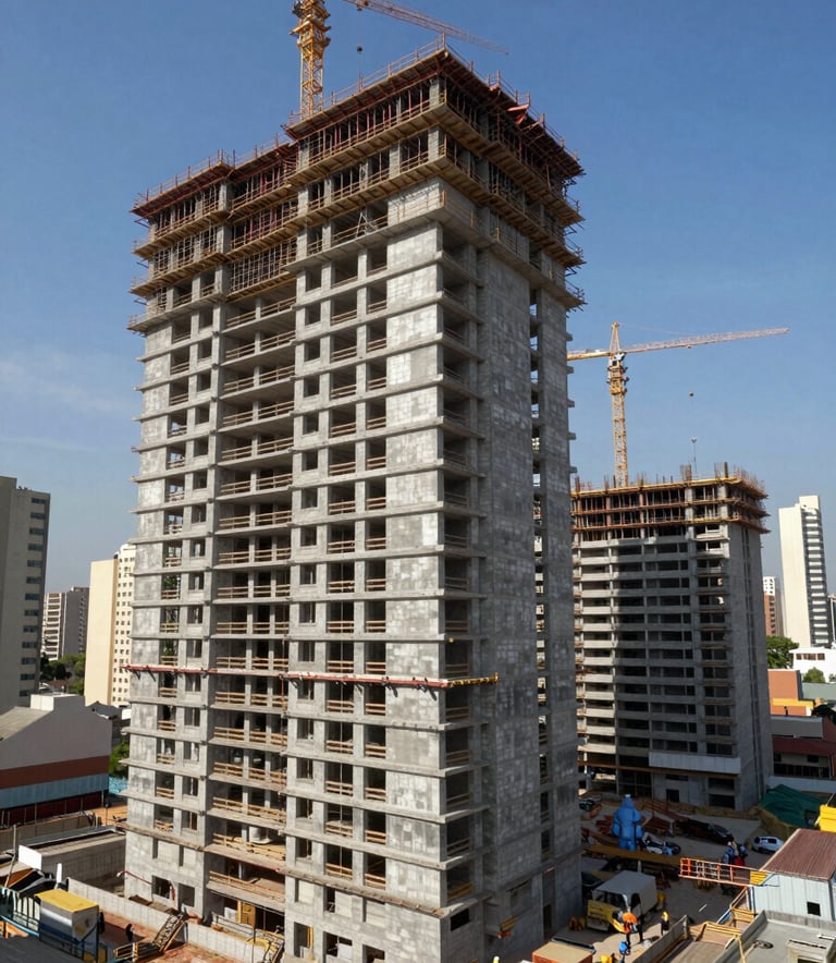 A wide shot of a modern construction project in a South American city under a clear blue sky, emphasizing precise architectural lines and professional engineering management, daylight photography.