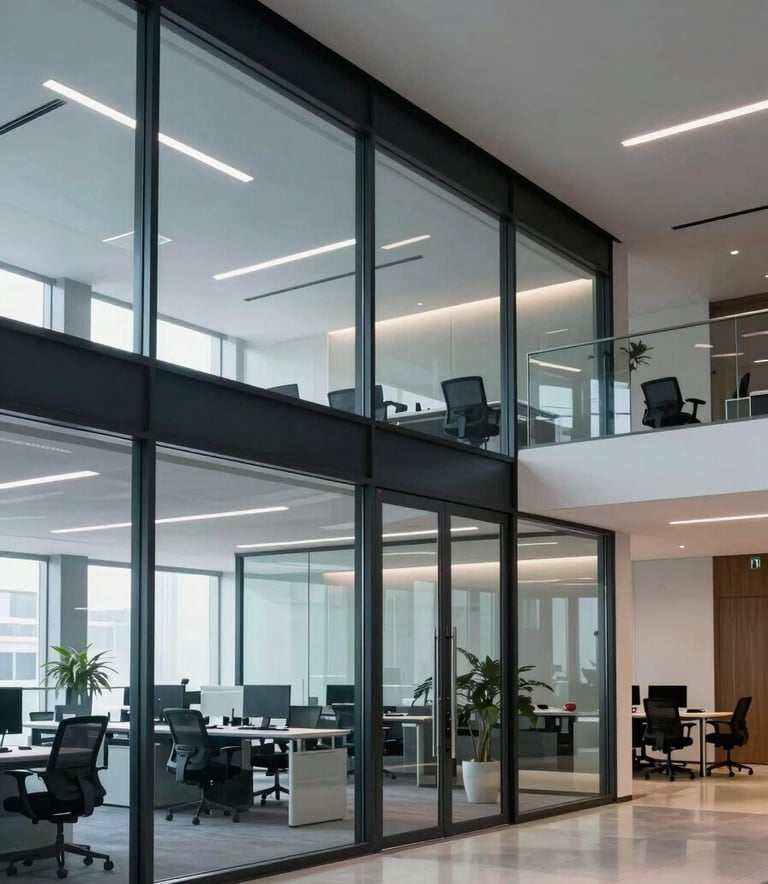 Photography of a modern South American corporate office interior with glass walls and professional atmosphere, showcasing a clean, innovative engineering environment in dark blue and light grey tones.