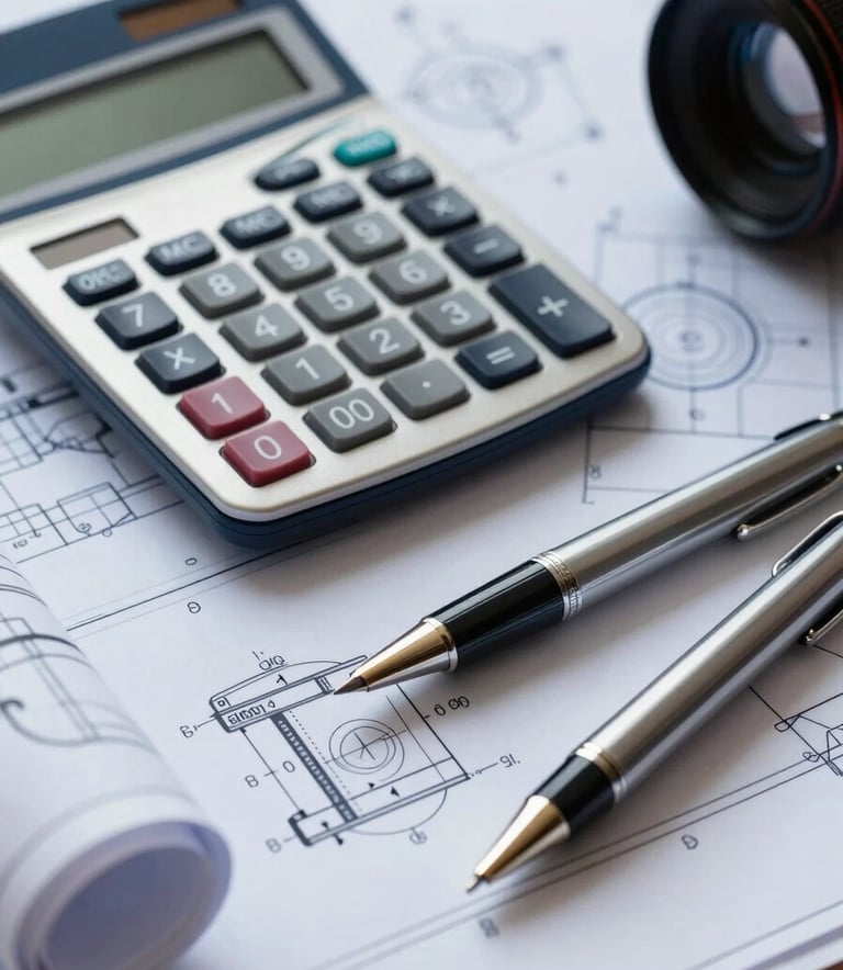 Close-up photography of a professional desk with engineering blueprints, a sleek financial calculator, and a high-end pen, reflecting a mood of precision and financial planning, steel blue and light gray tones.