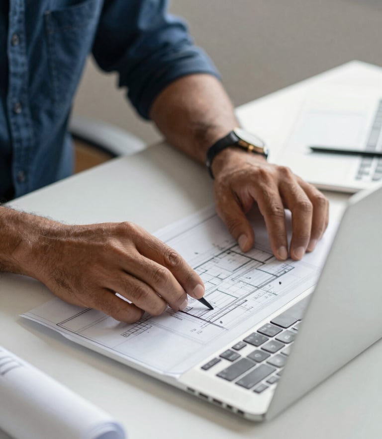 Professional close-up photography of a South American engineer's hands working with architectural blueprints and a laptop on a clean white desk, muted blue and light grey color palette, soft natural lighting.