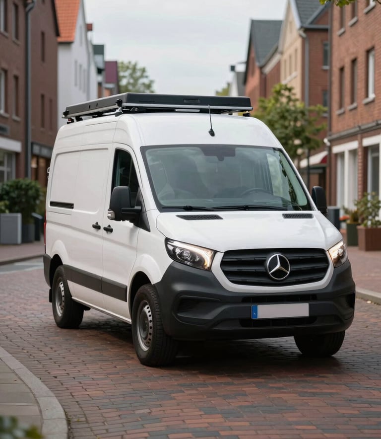 A professional pest control service van with modern equipment parked on a clean, brick-lined street in a residential district of Hamburg, soft natural lighting.