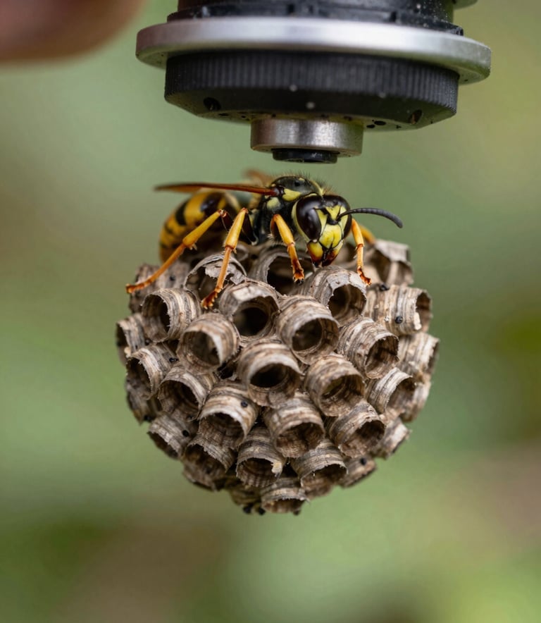 A detailed close-up of a wasp nest in a garden setting in Norddeutschland, handled by a professional using specialized safety equipment, soft green background.