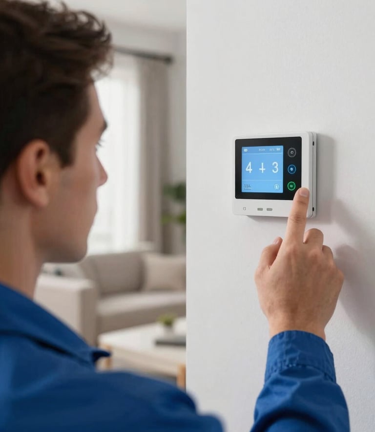 A close-up photograph of a professional HVAC tech inspecting a smart thermostat in a bright, modern North American / US living room. Focus on accuracy and modern climate technology.