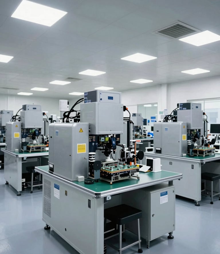 A wide angle shot of a clean, brightly lit electronics manufacturing floor in a South Asian facility, showing rows of silver machinery.