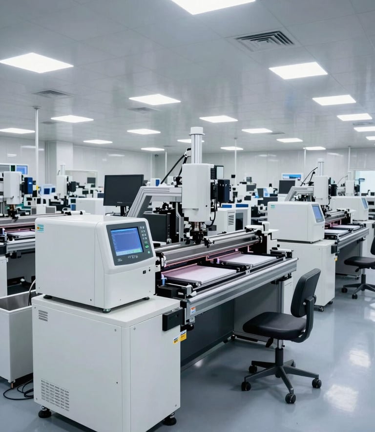 A wide-angle professional photograph of a premium, modern electronics manufacturing floor in a South Asian / Indian facility. The scene shows multiple semi-automatic SMT lines with 6-zone reflow machines, bright industrial lighting, and a clean white and silver aesthetic.