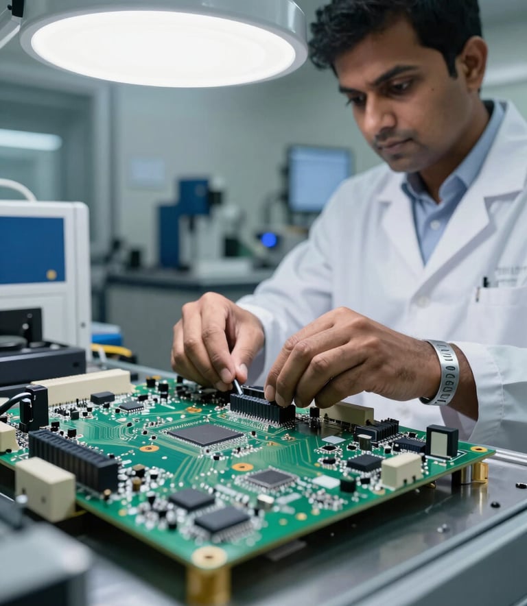 A detailed close-up shot of a sophisticated PCB circuit board being inspected under bright, clinical white lighting. In the background, a South Asian / Indian technician wearing professional lab attire and a silver ESD wristband works in a clean, high-tech industrial manufacturing facility with dark blue and silver equipment.