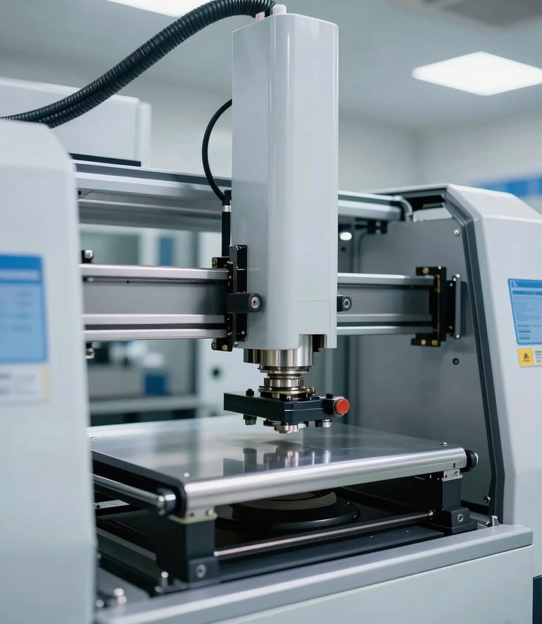 A high-speed pick and place SMT machine in a clean, modern Indian factory setting, bright industrial lighting, silver and white tones.