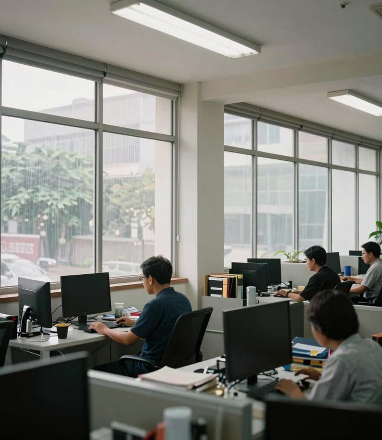 Photography of a wide, bright office interior in Indonesia where employees are working comfortably behind windows treated with professional solar film, reducing glare and heat.