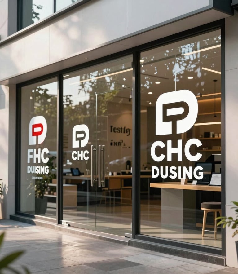 Modern storefront branding in a Southeast Asian / Indonesian commercial district, featuring high-quality vinyl stickers and sharp logo displays on glass, clean design, professional photography.