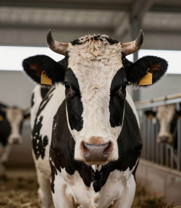 A close-up shot of a high-quality Girolando dairy cow in a clean, modern barn. The lighting is soft and professional, highlighting the healthy coat and strong features. The background features muted tones of #A79B8F and #2F2E2A, conveying a sense of premium cattle breeding and expert care.