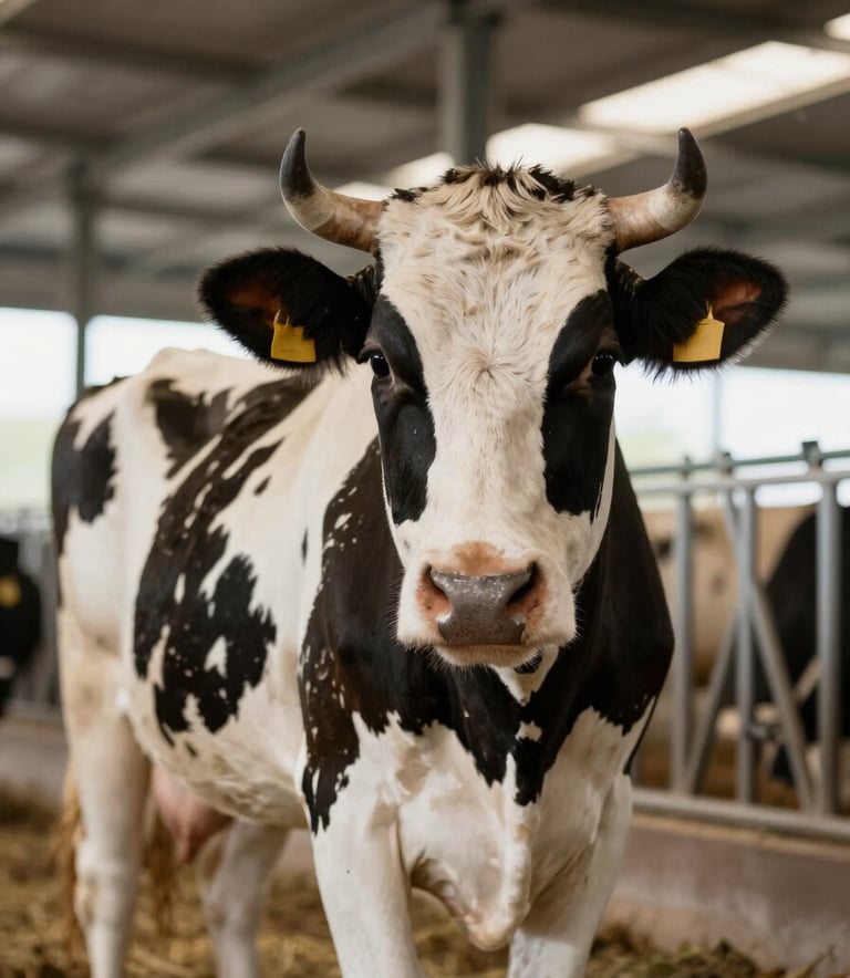 Detailed shot of a healthy dairy cow in a modern, clean barn, soft natural lighting emphasizing the animal's quality and the clean environment, high-end agricultural photography style using the #A79B8F and #F6F4F1 palette tones.