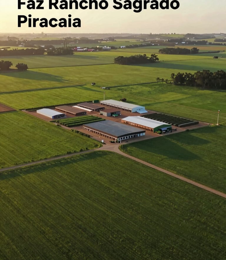 Aerial view of Faz Rancho Sagrado in Piracaia, showing lush green pastures and modern agricultural infrastructure. The composition is clean and organized, with a sophisticated color palette featuring deep greens and earthy browns like #6E5D4E. The lighting is golden hour, evoking reliability and tradition.