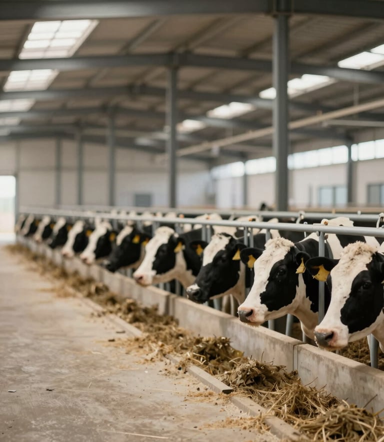 Modern dairy production facility at Rancho Sagrado, showing clean lines and professional equipment, emphasizing sustainable and hygienic practices, photographed in a documentary style with #6E5D4E earthy tones.