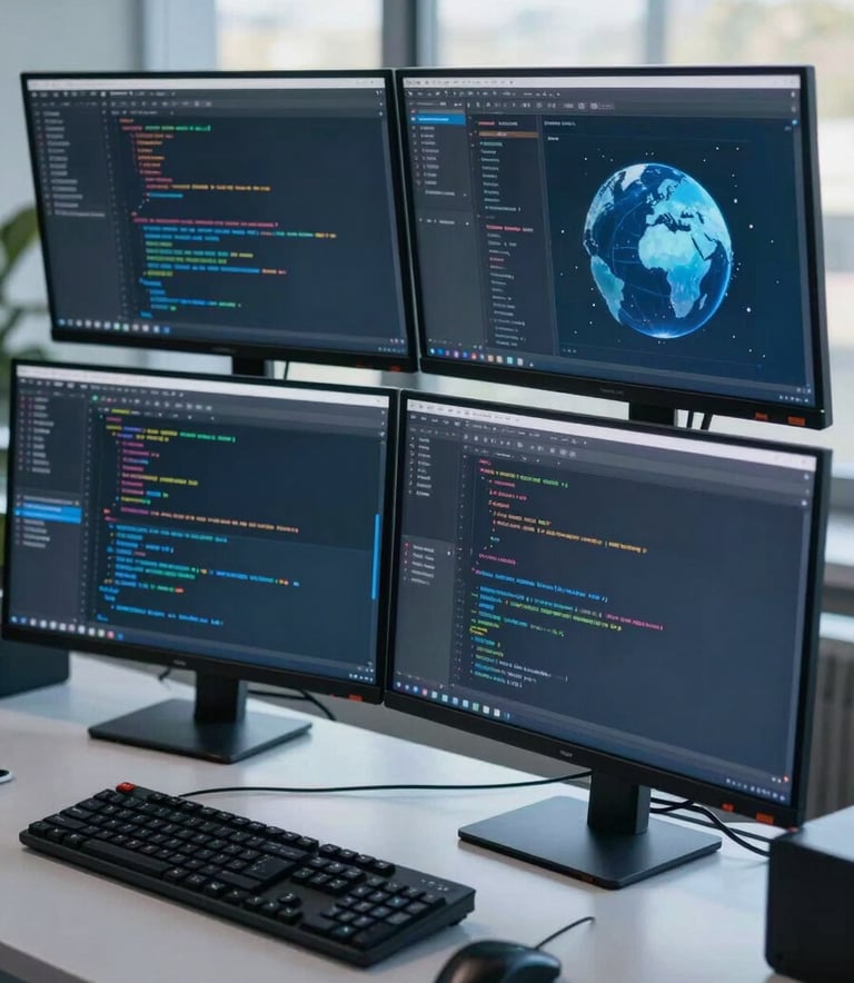 Professional photography of a developer workstation with multiple monitors showing code and app interfaces, soft morning light, International / Global, light grey-blue tones and medium blue accents.
