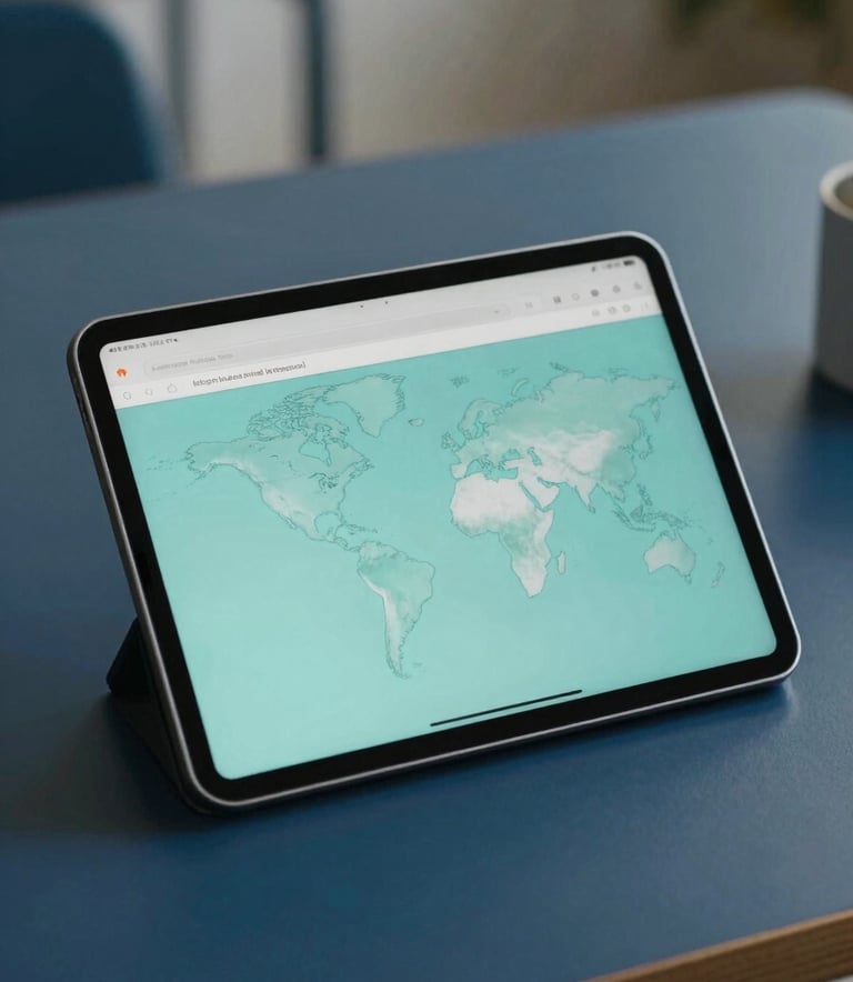 Photography of a digital tablet showcasing a clean and user-friendly interface design, set on a dark blue desk in a modern office, International / Global, soft studio lighting, teal and medium blue color palette.