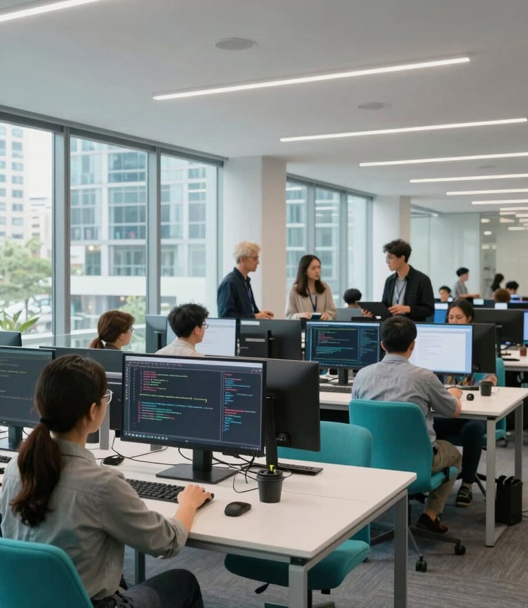 A wide-angle shot of a collaborative tech team in a bright, airy studio with glass walls, located in a cosmopolitan International / Global business district. They are reviewing high-performance code on large monitors. The scene features Bright Teal accents in the furniture and professional Pale Grey lighting.