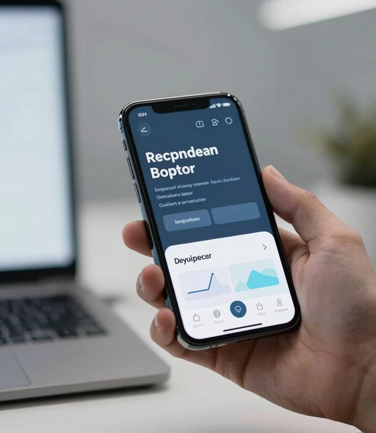 A professional software developer working in a minimalist, modern office within an International / Global setting. Close-up on a high-resolution smartphone displaying a sleek mobile interface, with soft Pale Grey and Slate Blue tones in the background lighting.