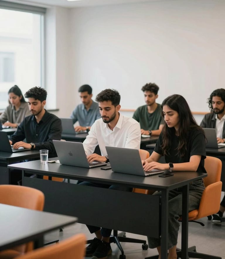 A group of focused Middle Eastern / Iraqi young professionals collaborating in a bright, modern training room with black and orange minimalist furniture.