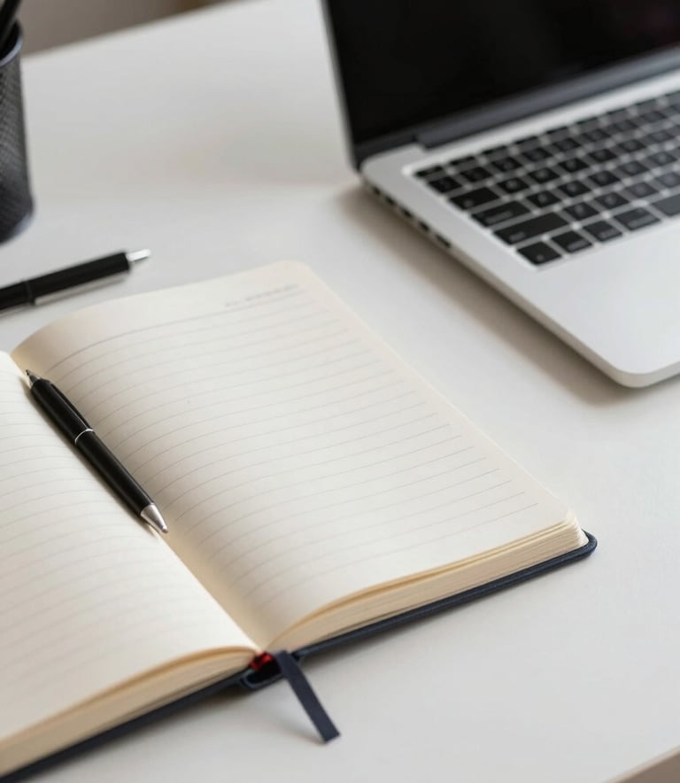 Close up photography of a notebook and a laptop on a clean white desk in a modern Iraqi workspace, soft natural lighting, minimalist style.