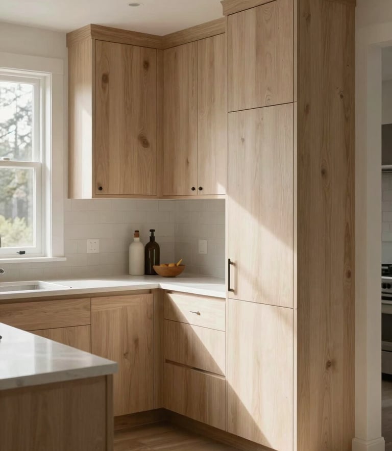 A professionally finished kitchen in a Portland home with custom light wood cabinetry. The image highlights precise joints and a modern, high-end finish. Soft morning light, North American / Pacific Northwest US residential architecture, off-white and sand beige tones.