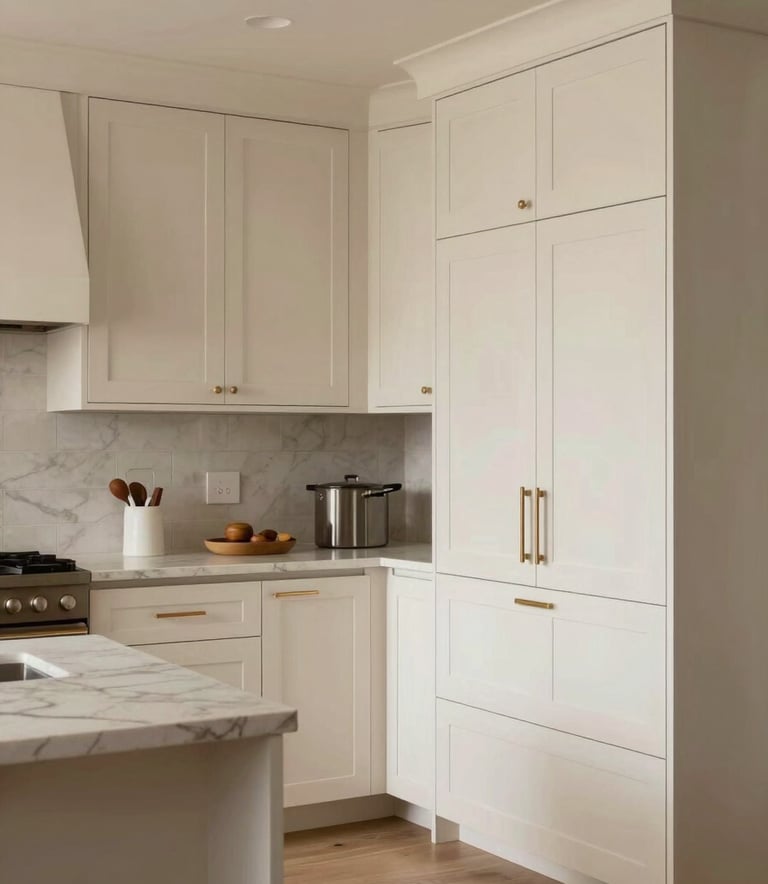 A professional architectural photograph of a modern, light-filled kitchen in Portland, Oregon, featuring bespoke cream-colored cabinets and clean-lined finish carpentry, North American / Pacific Northwest US.