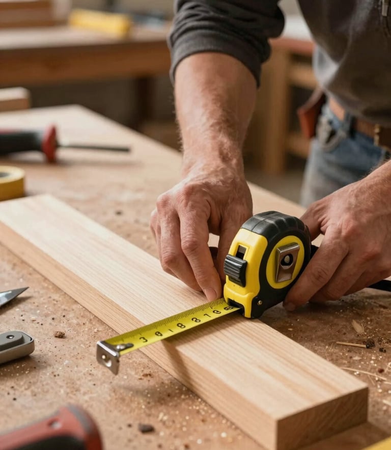 A detailed photograph of a carpenter's hands measuring a piece of lumber with a tape measure on a workbench, surrounded by hand tools, warm natural light, professional carpentry workshop in the North American / Pacific Northwest US.