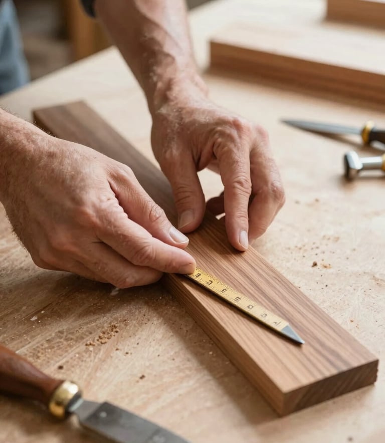 Close-up of a craftsman's hands measuring a walnut brown plank in a bright workshop in the North American / Pacific Northwest US. Professional woodworking tools are visible on a light sand-colored workbench under natural light.
