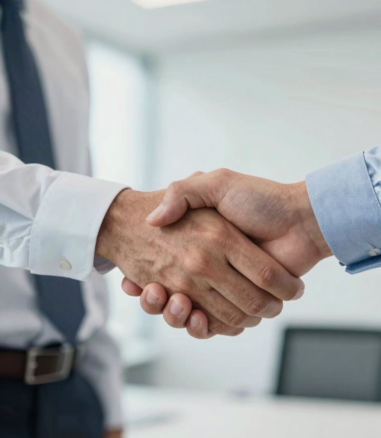 A close-up photograph of a firm handshake between two professionals in business attire, symbolizing trust and agreement, set in a bright, modern corporate office in Santander, Colombia. The lighting is soft and natural, emphasizing a professional and clean atmosphere with a palette of soft white and light blue.