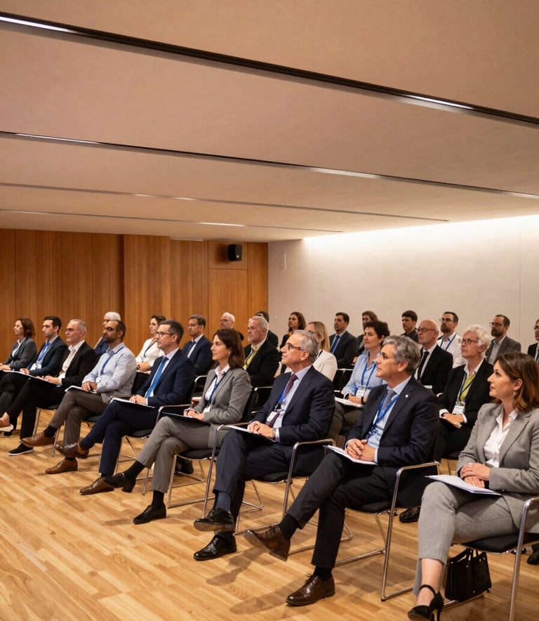 An interior shot of a large corporate hall in Santander during a professional seminar, audience of attentive professionals, warm ambient lighting, elegant and organized setting.