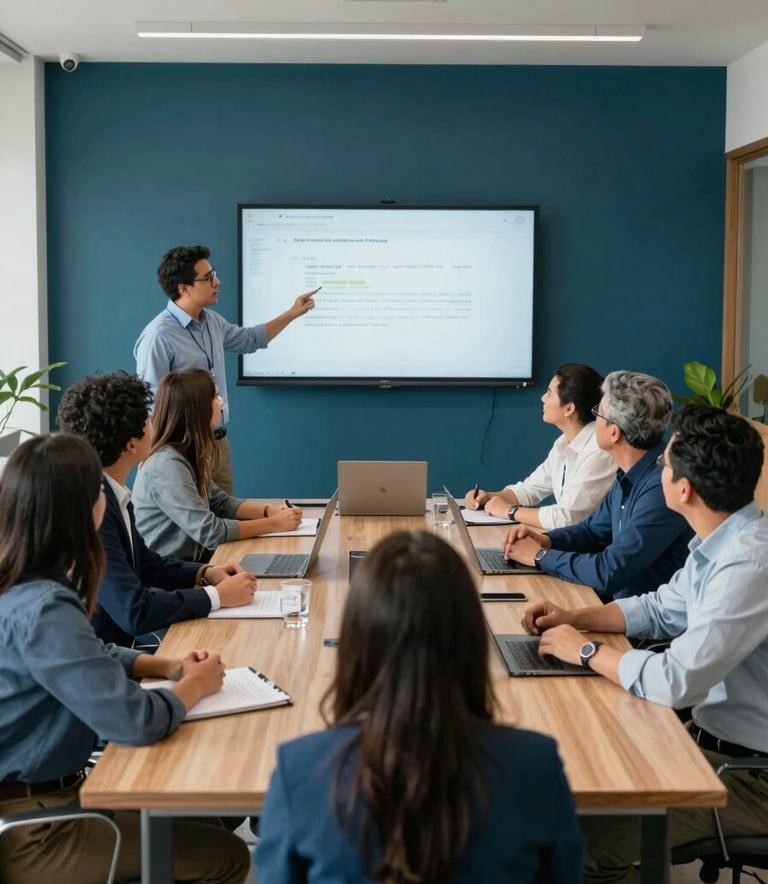 A wide-angle photography of a diverse group of South American / Colombian professionals in a collaborative meeting room. They are looking at a presentation in a clean, organized office space in Bucaramanga. The scene features deep teal and muted blue tones, conveying a community-oriented and serious professional environment.