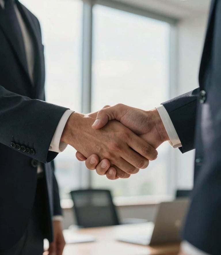 A close-up of a professional handshake between two businesspeople in a bright, modern South American office, soft sunlight coming through the window, professional attire, atmosphere of trust and partnership.