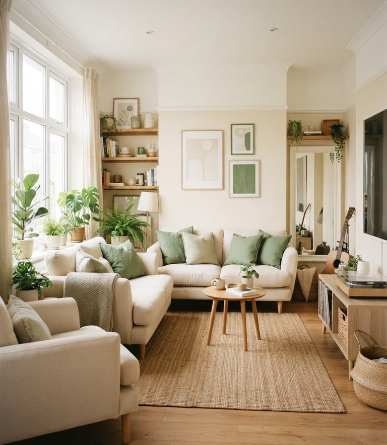 Warm editorial photography of a bright, clean, fully furnished shared living room with natural window light, soft cream and green tones, orderly environment.