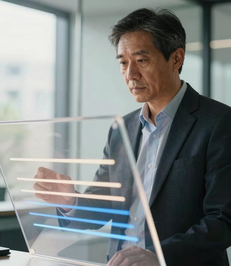 A high-end portrait of a professional mentor in a glass-walled North American office, soft sunlight filtering through, looking at a transparent digital display with off-white and medium blue light trails.