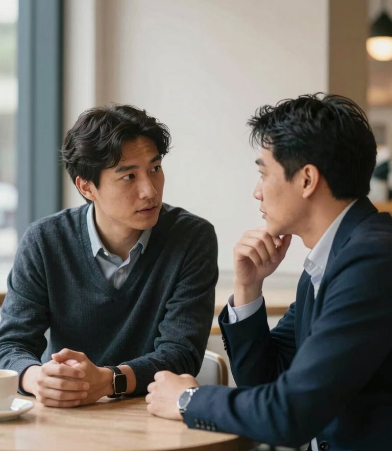 Two professionals engaged in a thoughtful mentorship conversation in a modern North American cafe setting. The focus is on their engaged expressions and collaborative energy, with a blurred background of off-white and muted blue architectural details.
