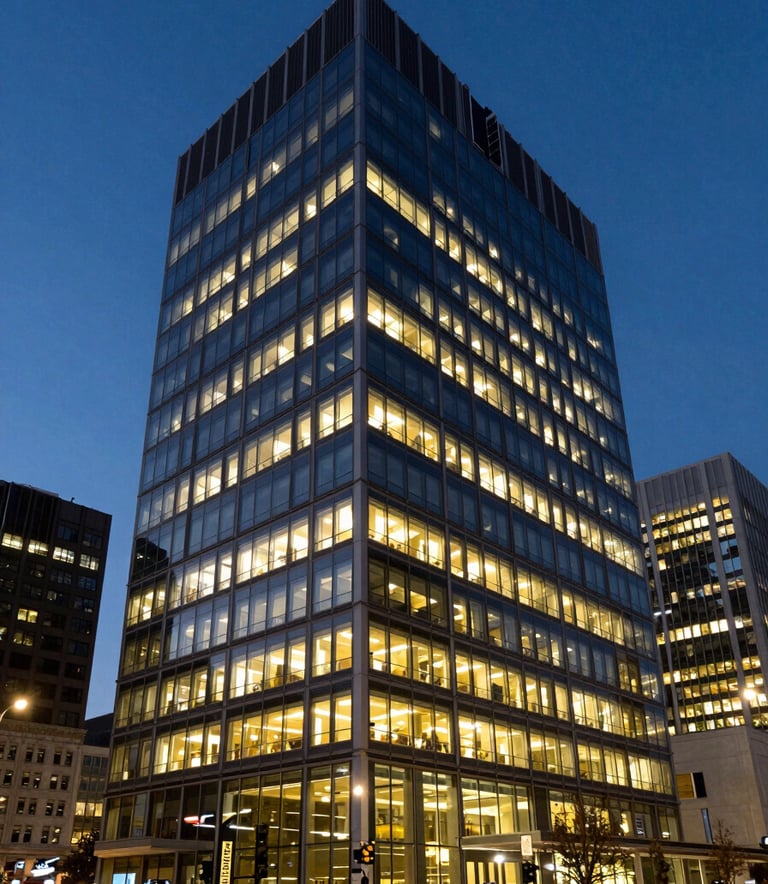 A sharp, wide-angle photograph of a contemporary office building in a North American city at dusk, glowing with warm internal lights against a dark blue sky, representing modern and clean geometric architecture.